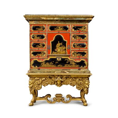 View full screen - View 1 of Lot 77. A German Rococo Revival Gilt, Red and Black Japanned Bureau Cabinet on Carved Gilt Wood Stand, Circa 1900.