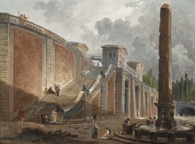 View full screen - View 1 of Lot 150. HUBERT ROBERT | Capriccio of a monumental staircase and fountain in the grounds of a villa.