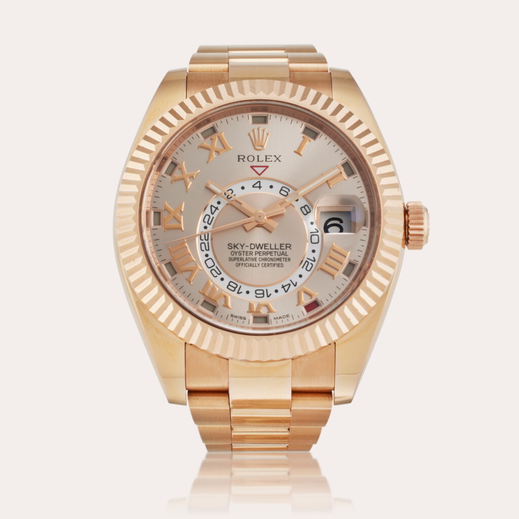View full screen - View 1 of Lot 201. Reference 326935 Sky Dweller | A pink gold automatic annual calendar dual time zone wristwatch with bracelet, Circa 2015.