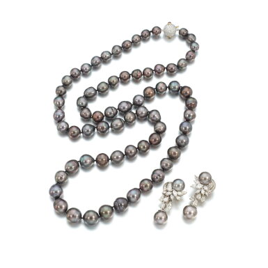 View full screen - View 1 of Lot 873. Pair of cultured pearl and diamond ear clips and a sautoir.
