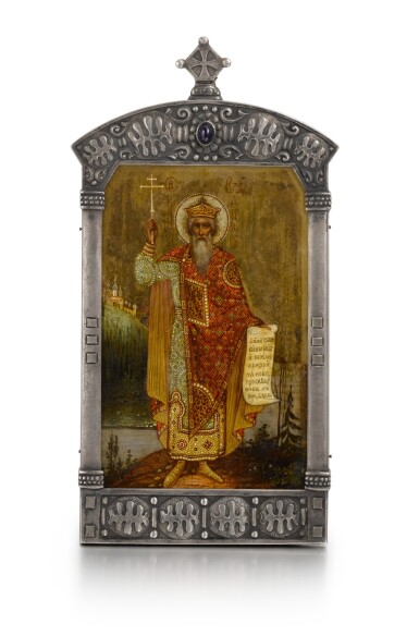View full screen - View 1 of Lot 96. A Rare Fabergé gem-set silver icon of St Vladimir, Moscow, 1908-1917.