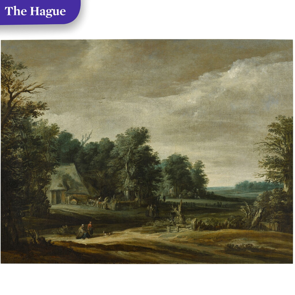 View full screen - View 1 of Lot 54. Wooded landscape with peasants by a farm.