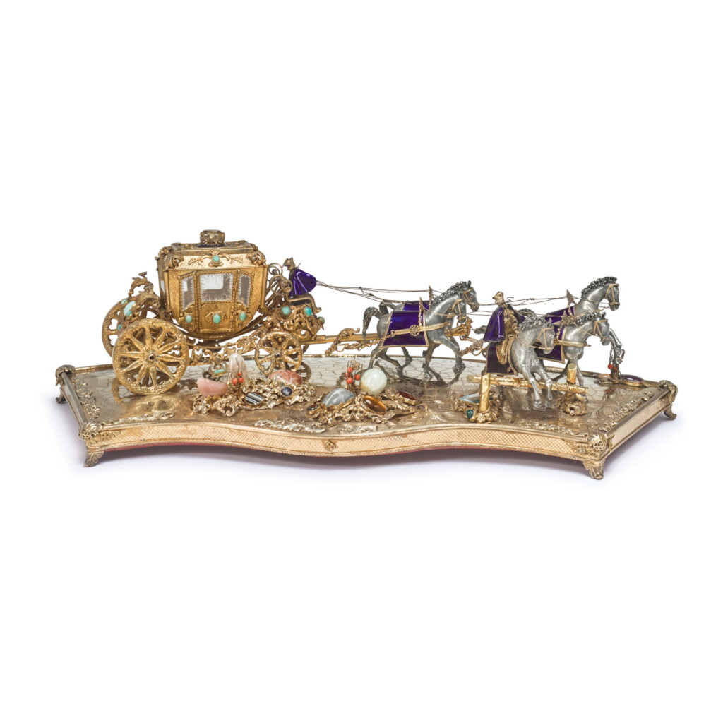 View full screen - View 1 of Lot 880. A SILVER, SILVER-GILT, ENAMEL AND GEM-SET CARRIAGE GROUP, PROBABLY HUNGARIAN, MID 20TH CENTURY.