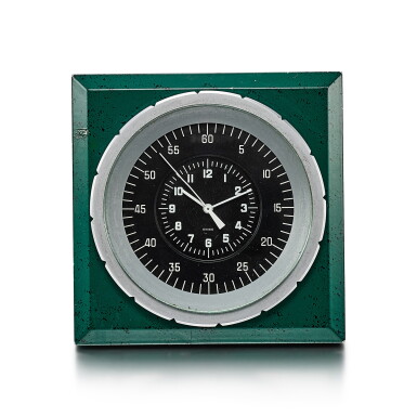 View full screen - View 1 of Lot 8089. PATEK PHILIPPE FOR ROLEX | A GREEN PAINTED METAL ELECTRIC DESK CLOCK, CIRCA 1970.