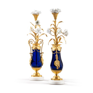 View full screen - View 1 of Lot 1308. A pair of Louis XVI gilt-bronze mounted candlesticks, late 18th century, probably Swedish.