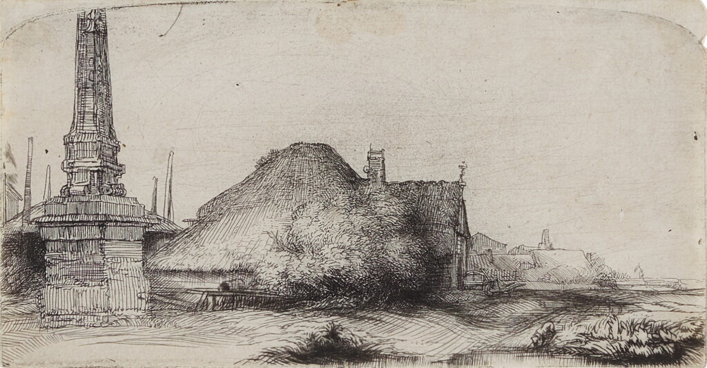 View full screen - View 1 of Lot 37. Cottage and Boundary Post on the Spaarndammerdijk (‘The Landscape with the Obelisk’) (B., Holl. 227; New Holl. 249; H. 243).