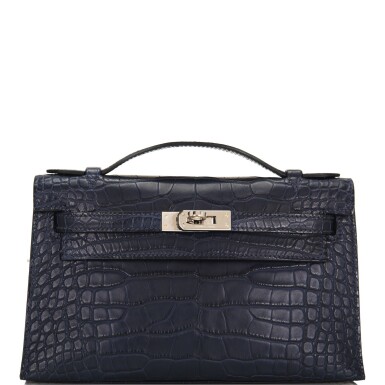View full screen - View 1 of Lot 44. Hermès Mini Kelly Pochette of Bleu Indigo Matte Mississippiensis Alligator with Palladium Hardware.