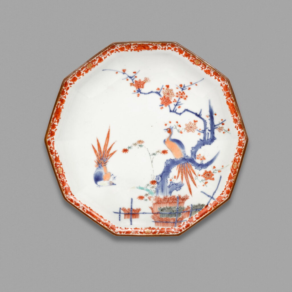 View full screen - View 1 of Lot 36. A Kakiemon decagonal dish, a Chelsea Kakiemon style dish and a further Chelsea dish of similar design | The Kakiemon dish Edo period, late 17th century | The Chelsea dishes, England, circa 1752-1754.