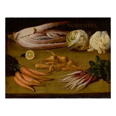 View full screen - View 1 of Lot 80. SPANISH SCHOOL, 17TH CENTURY | AN ALLEGORICAL STILL LIFE OF NOVEMBER, WITH CARROTS, PARSNIPS, FENNEL AND CABBAGE .