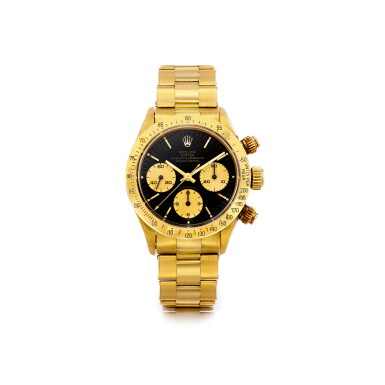 View full screen - View 1 of Lot 1079. ROLEX | REF 6265/6263 DAYTONA, A YELLOW GOLD CHRONOGRAPH WRISTWATCH WITH REGISTERS AND BRACELET, CIRCA 1986 | 勞力士 |6265/6263型號「DAYTONA」黃金計時鍊帶腕錶,年份約1986.