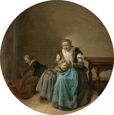 View full screen - View 1 of Lot 253. DIRCK HALS | A MOTHER SEARCHING HER CHILDREN FOR NITS, A CHILD STOKING A FIRE TO THE LEFT.