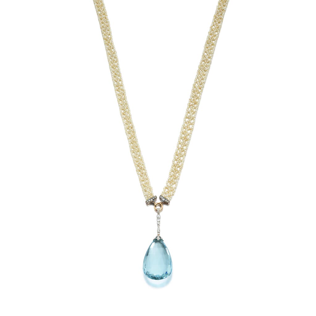 View full screen - View 1 of Lot 1061. Aquamarine and diamond pendant, circa 1926 and a seed pearl sautoir, circa 1910.