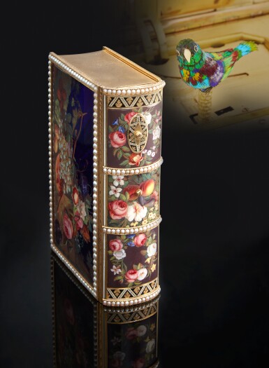 View full screen - View 1 of Lot 16. No. 145, An Exceptional and Possibly Unique Gold, Enamel, and Pearl-Set Book-Form Singing Bird Box made for the Chinese Market, circa 1800-1810, Box with Maker’s Mark Jean George Rémond & Co./Rémond Lamy Mercier & Co., the Enamel Scene Attributed to Jean-Louis Richter.