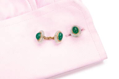View full screen - View 1 of Lot 1018. PAIR OF EMERALD AND MOONSTONE CUFFLINKS.