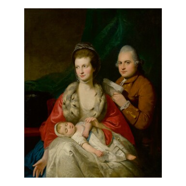 View full screen - View 1 of Lot 85. MASON CHAMBERLIN, R.A. | PORTRAIT OF A FAMILY: THE MAN HOLDING A MANUSCRIPT AND SEATED BEHIND HIS WIFE, WHO WEARS AN ERMINE COAT AND HOLDS HER SLEEPING INFANT.