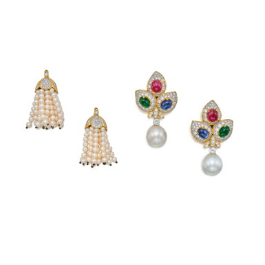 View full screen - View 1 of Lot 528. Pair of Gem-Set, Cultured Pearl and Diamond Earclips.