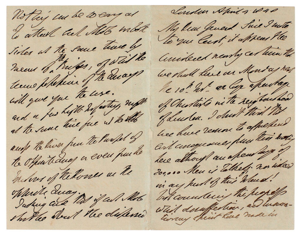 View full screen - View 1 of Lot 153. Arthur Wellesley, Duke of Wellington | Autograph letter signed, on the possibility of a Chartist rebellion, 1848.