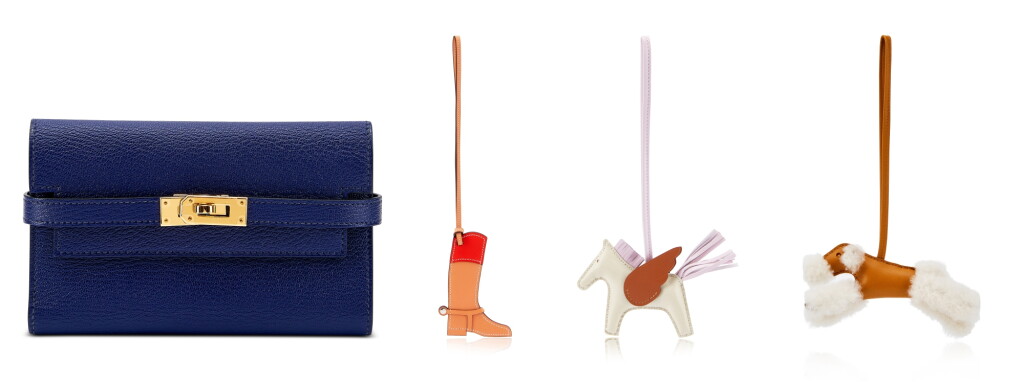 View full screen - View 1 of Lot 7916. Set of 4 Kelly Depliant Wallet, Boot Charm, Pegase Rodeo and Budy Charm.