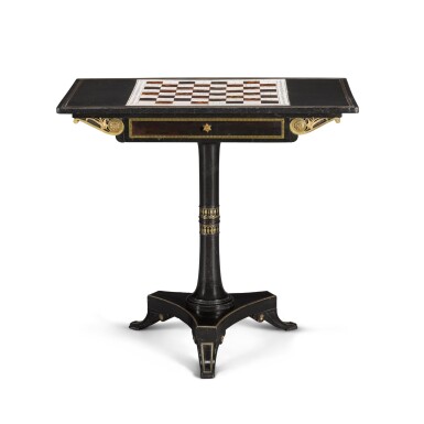 View full screen - View 1 of Lot 166. A Regency brass inlaid and gilt-metal mounted ebonised games table incorporating an Anglo-Indian engraved ivory and tortoiseshell chess board, the table circa 1810, in the manner of George Bullock, the chess board probably Vizagapatam, late 18th/early 19th century.