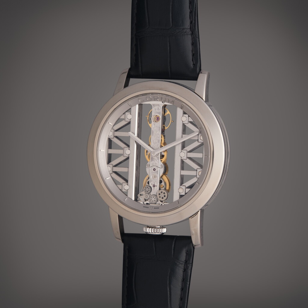 View full screen - View 1 of Lot 575. Reference 05.0087 Golden Bridge Round | A white gold skeletonized wristwatch, Circa 2020.
