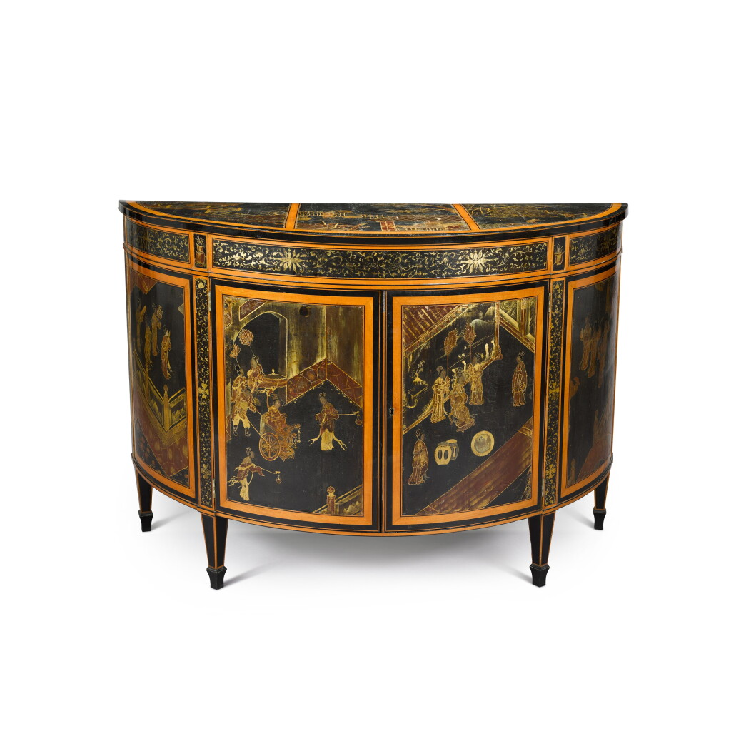 View full screen - View 1 of Lot 61. A George III lacquer and satinbirch demi-lune commode, late 18th century .