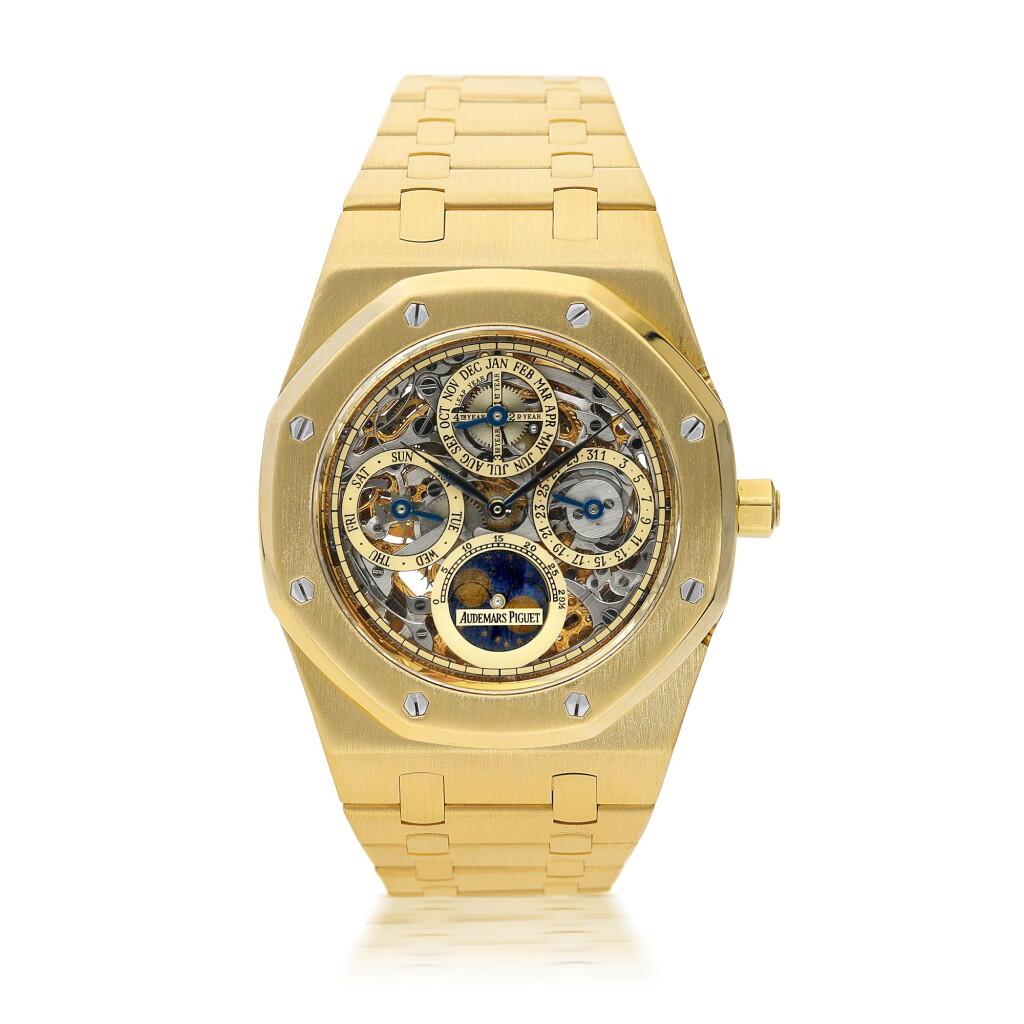 View full screen - View 1 of Lot 54. AUDEMARS PIGUET | REFERENCE 25829 ROYAL OAK QUANTIEME PERPETUEL AUTOMATIQUE A YELLOW GOLD SKELETONIZED AUTOMATIC PERPETUAL CALENDAR BRACELET WATCH WITH MOON PHASES, CIRCA 1995.