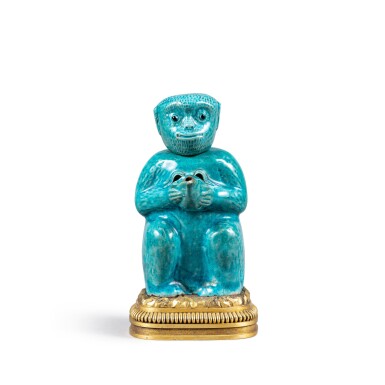 View full screen - View 1 of Lot 167. A gilt-bronze mounted blue enameled porcelain monkey-shaped tea pot, China, 18th century and Louis XVI style, 19th century | Théière en forme de singe en porcelaine émaillée bleu turquoise, Chine, XVIIIe siècle et montures de bronze doré de style Louis XVI, XIXe siècle.