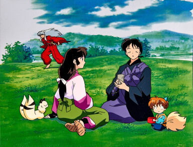 View full screen - View 1 of Lot 113. Kagome Higurashi and Friends Animation Cels with Dougas and Printed Background | 日暮籬和朋友們賽璐璐,附線稿及印刷背景.