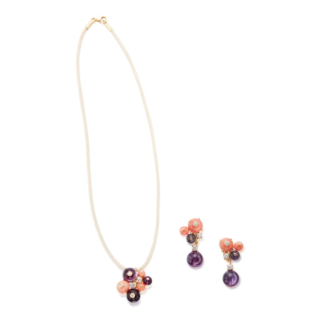 View full screen - View 1 of Lot 139. AMETHYST, CORAL AND DIAMOND 'DELICES DE GOA' PENDANT-NECKLACE AND PAIR OF EARCLIPS, CARTIER, FRANCE.