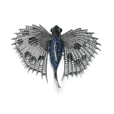 View full screen - View 1 of Lot 67. Stephen Webster | Sapphire and diamond brooch, 'Flying Fish' | Broche saphirs et diamants, "Flying Fish".