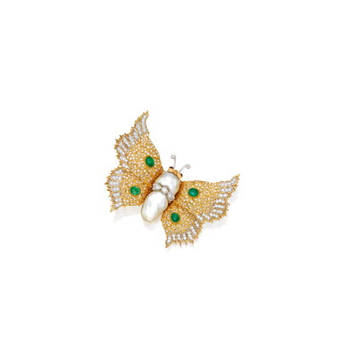 View full screen - View 1 of Lot 574. GOLD, CULTURED PEARL, EMERALD, RUBY AND DIAMOND BROOCH, BUCCELLATI | 黃金鑲養殖珍珠配祖母綠、紅寶石及鑽石別針,Buccellati.