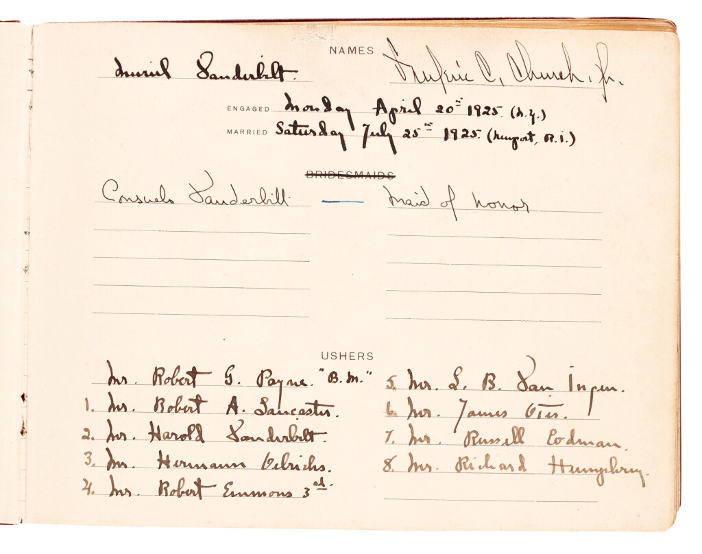 View full screen - View 1 of Lot 113. Muriel Vanderbilt and Frederic C. Church | wedding list, 1925.