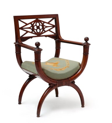 View full screen - View 1 of Lot 30. A CONSULAT CARVED MAHOGANY AND TINTED BEECHWOOD ARMCHAIR ATTRIBUTED TO JACOB FRÈRES, CIRCA 1800 | FAUTEUIL CURULE EN ACAJOU ET HÊTRE TEINTÉ D'ÉPOQUE CONSULAT, VERS 1800, ATTRIBUÉ À JACOB FRÈRES.