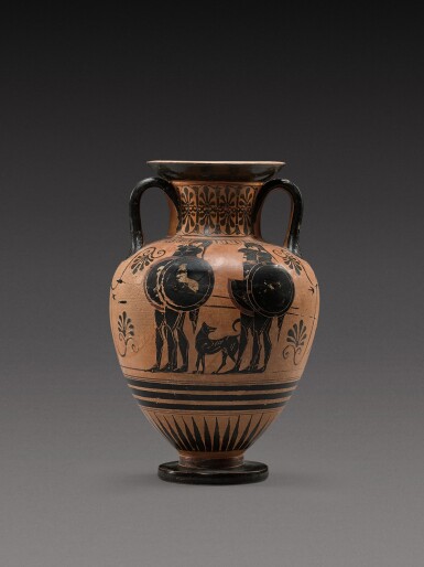 View full screen - View 1 of Lot 13. An Attic Black-figured Neck Amphora, attributed to the Leagros Group, circa 510 B.C..