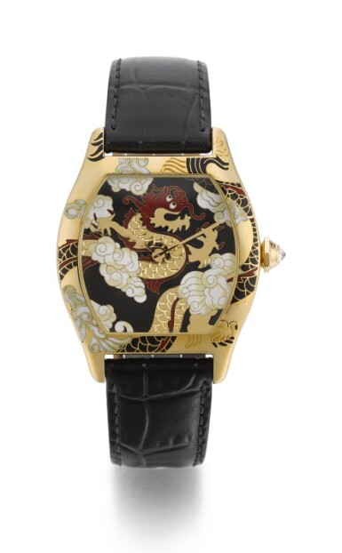 View full screen - View 1 of Lot 51. 'Cartier d'art' Tortue, Ref. 2496 Limited edition yellow gold wristwatch with cloisonné enamel dial depicting a dragon Circa 2004 | 卡地亞 | 2496型號「'Cartier d'art' Tortue」限量版黃金腕錶備掐絲琺瑯錶盤,年份約2004.