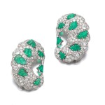 PAIR OF EMERALD AND DIAMOND BROOCHES