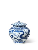 An extremely rare and superbly painted blue and white 'dragon' jar and cover, Yuan dynasty | 元 青花雲龍紋蓋罐