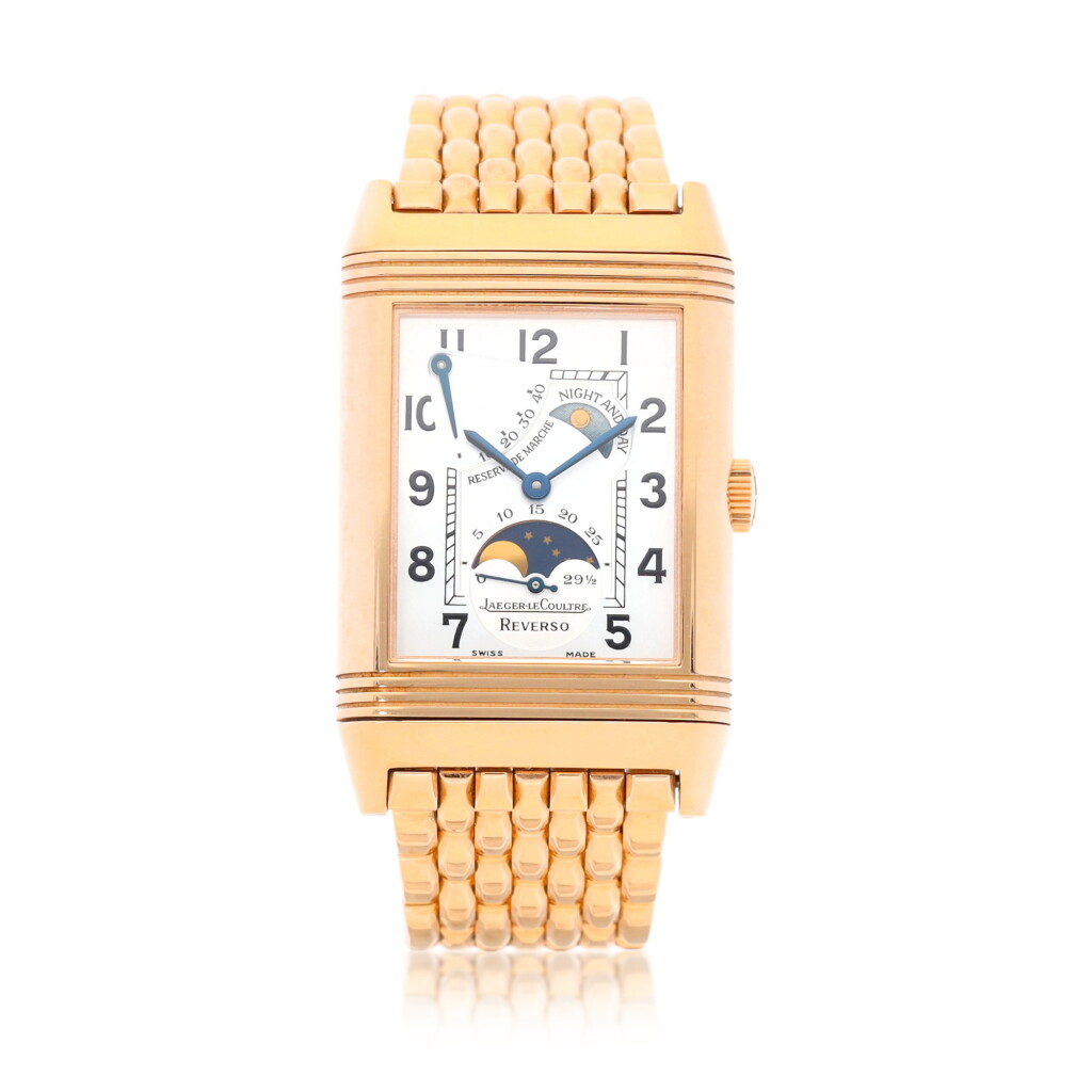 View full screen - View 1 of Lot 9306. Jaeger-LeCoultre | Reverso Sun Moon, Reference 270.2.63, A pink gold reversible wristwatch with moon phases, power reserve, day and night indication and bracelet, Circa 1995 | 積家 | Reverso Sun Moon 型號270.2.63 粉紅金可翻轉鏈帶腕錶,備月相、動力儲備及晝夜顯示,約1995年製.