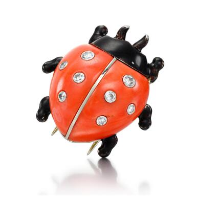 View full screen - View 1 of Lot 6. CORAL, LACQUER AND DIAMOND BROOCH, 'COCCINELLE' | CARTIER, 1960S.