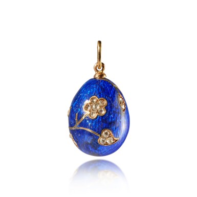 View full screen - View 1 of Lot 1283. A Fabergé jewelled gold-mounted guilloché enamel egg pendant, workmaster August Hollming, St Petersburg, 1899-1903.