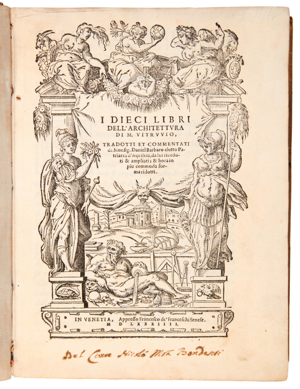 View full screen - View 1 of Lot 335. Vitruvius, I dieci libri dell'architettura, Venice, 1584, later limp vellum.