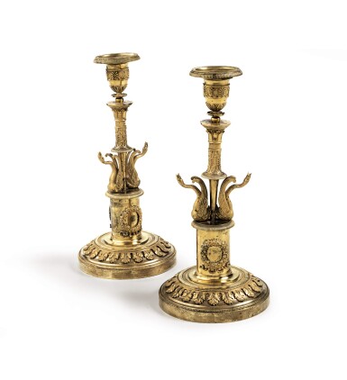 View full screen - View 1 of Lot 183. A PAIR OF GILT-BRONZE CANDLESTICKS, CIRCA 1800 | PAIRE DE FLAMBEAUX EN BRONZE DORÉ, VERS 1800.
