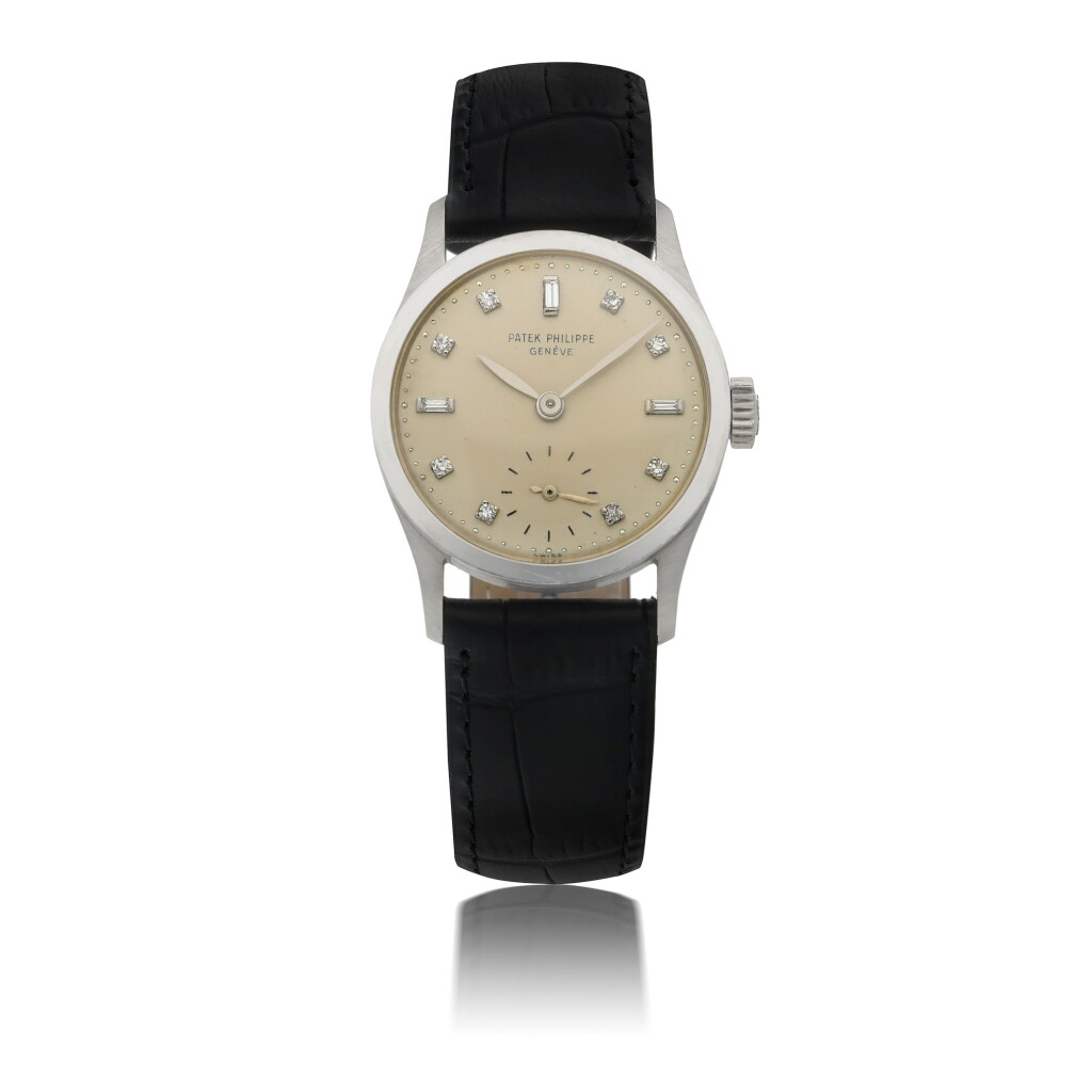 View full screen - View 1 of Lot 57. PATEK PHILIPPE | CALATRAVA, REF 96 PLATINUM WRISTWATCH WITH DIAMOND-SET DIAL MADE IN 1962.