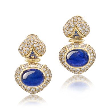 View full screen - View 1 of Lot 1863. Pair of Sapphire and Diamond Pendent Earrings | 寶格麗 | 天然「緬甸」未經加熱藍寶石 配 鑽石 耳墜一對 (藍寶石共重約13.56克拉).