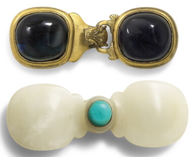 View full screen - View 1 of Lot 299. A TURQUOISE-INLAID WHITE JADE BELT BUCKLE QING DYNASTY | 清 白玉嵌綠松石帶扣.