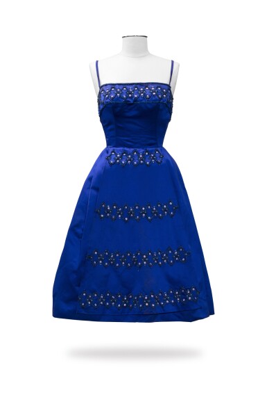 Unlabeled, circa 1960, Vivid blue satin cocktail dress with Unlabeled, circa 1960, Vivid blue satin cocktail dress with