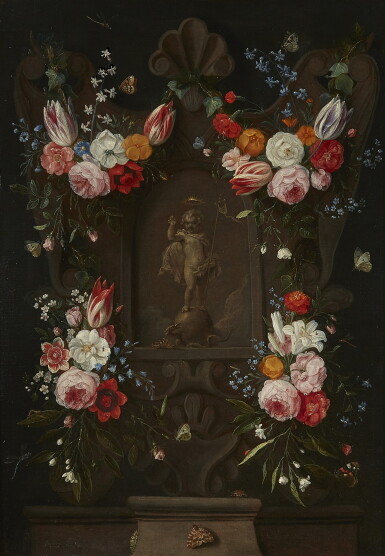 View full screen - View 1 of Lot 234. JAN VAN KESSEL THE ELDER | A SCULPTED CARTOUCHE WITH FLORAL STILL LIFE, WITH THE CHRIST CHILD AS SALVATOR MUNDI.