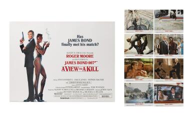 View full screen - View 1 of Lot 160. A VIEW TO A KILL (1985) POSTER, BRITISH, STYLE B, WITH SET OF 8 FRONT OF HOUSE STILLS, BRITISH .