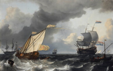 View full screen - View 1 of Lot 4. A States Yacht and other ships on the sea in stormy weather.