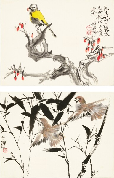 View full screen - View 1 of Lot 3106. 程十髪 枸杞小鳥、竹林麻雀 | Cheng Shifa, Flower and Birds.